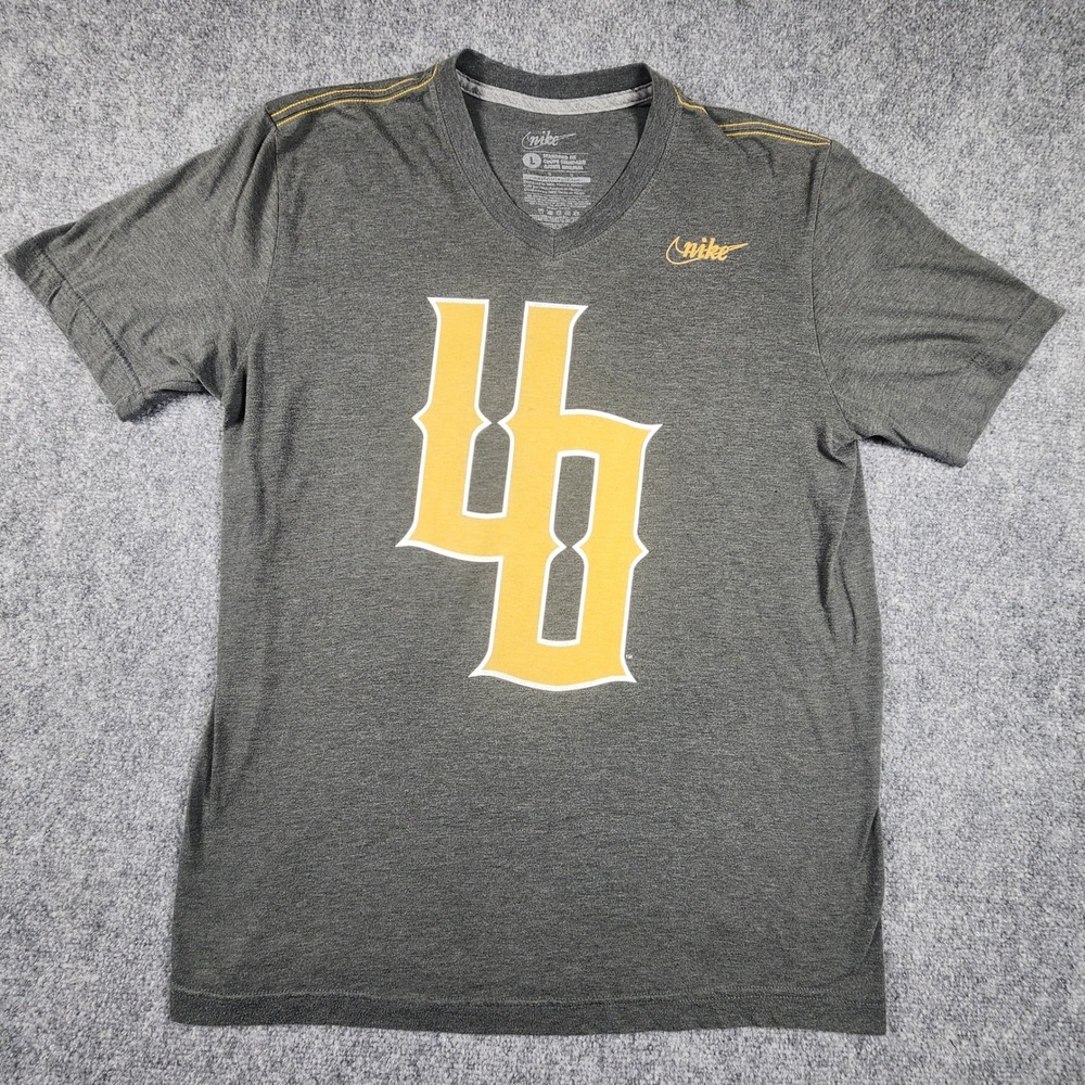 Nike University of Houston Cougars V-Neck T-Shirt Mens Large Grey Gold UH Logo